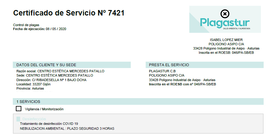Certificado desinfección por covid19 Centro de Estética Mercedes Patallo